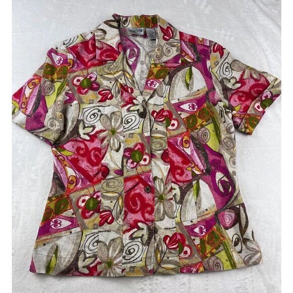 Chico's Button-Up Top Women's Size 0 Multicolor 100% Linen Floral Short Sleeves - Picture 1 of 6